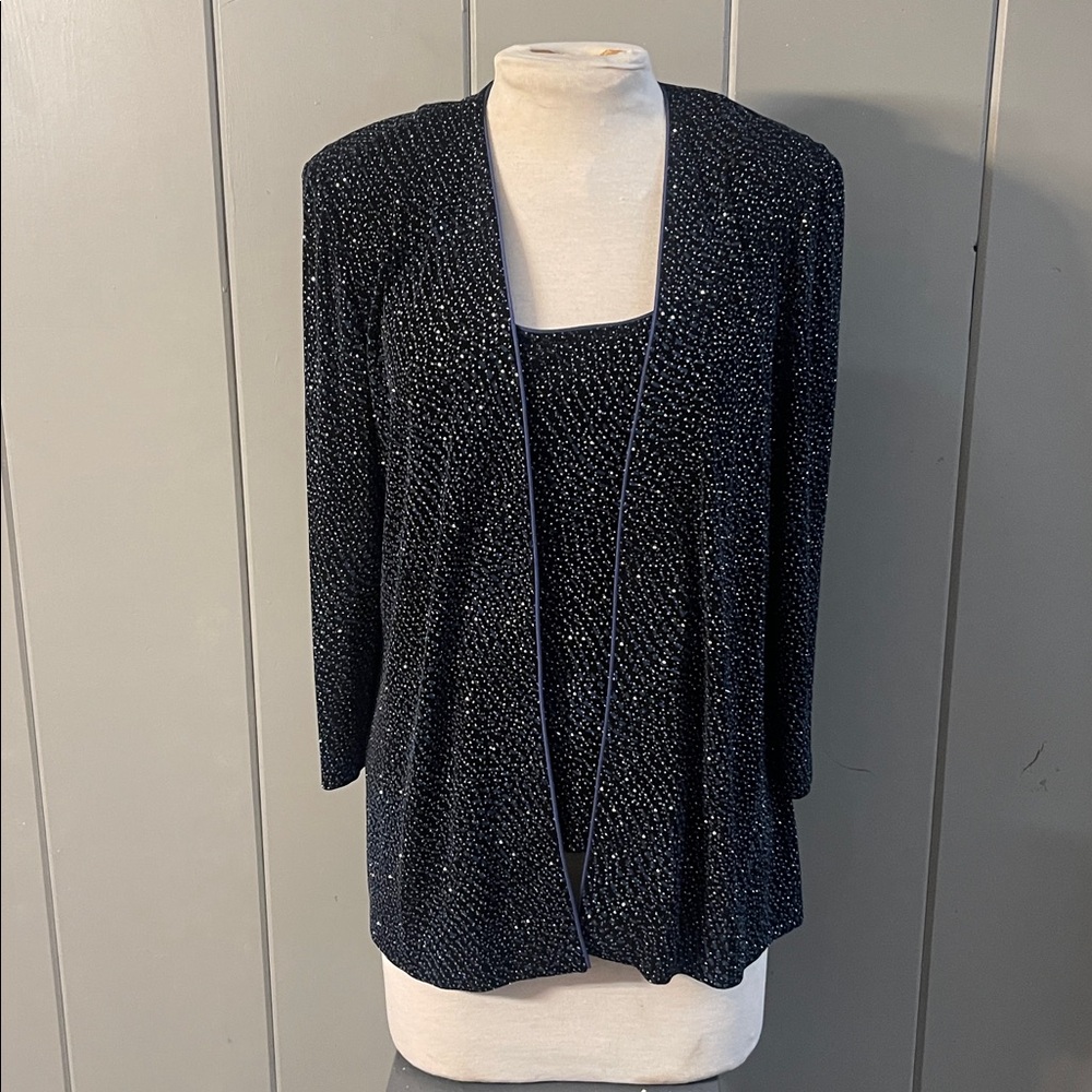 Alex Evenings Jacket Tank Set Black Blue Sparkle Vintage Shoulder Pads Mob Wife